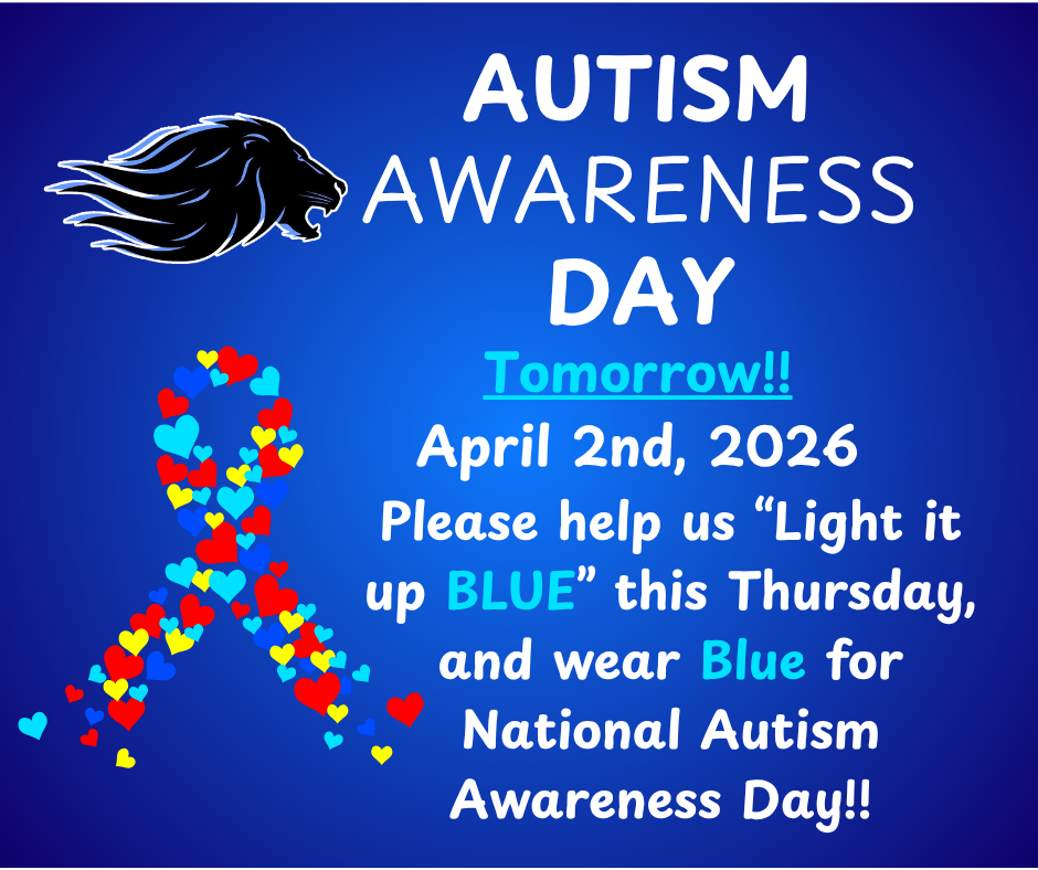 Blue background with ribbon made up of multicolored hearts, blue and black mascot, with white and blue wording explaining autism awareness day. 