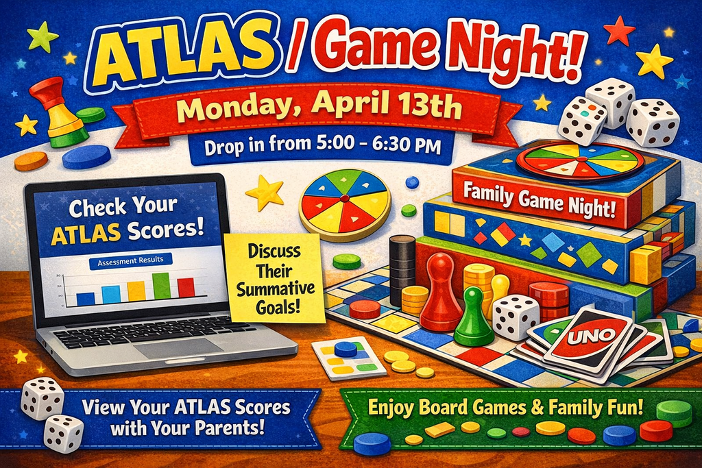 Blue starry background, table with multiple board games, dice, markers, and computer. Text explaining a game night at the school.