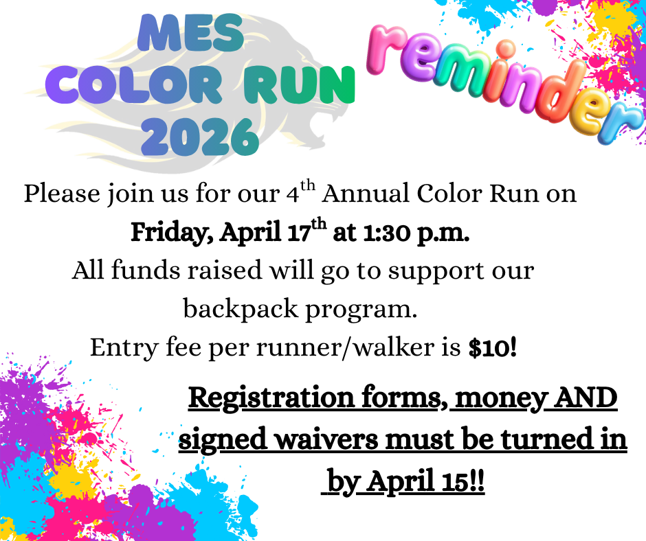 Multicolored splatter corners with lion head on top left. Text explaining a color run and the deadline