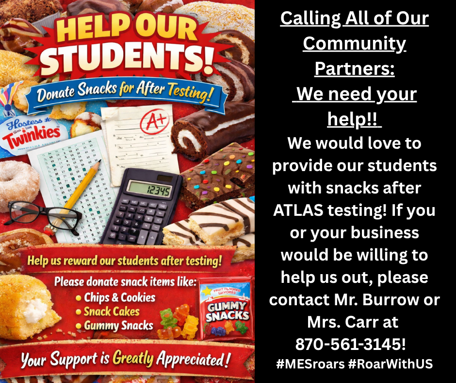 Various snack cakes and gummies with testing materials, calculator, glasses, pencil, text explaining how to donate items for elementary testing.