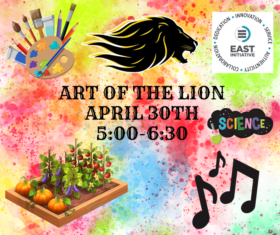 Multicolored splattered pain background with reds, yellows, blues, and greens. Musical notes, a vegetable garden with pumpkins, tomatoes, and eggplants. science text with a green beaker, EAST imitative logo, art supplies including paint, and paint brushes.