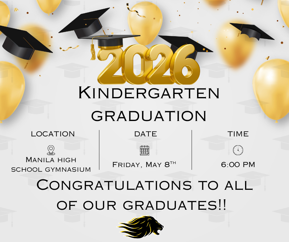 Background filled with faded black graduation caps, gold balloons, and gold confetti with scattered larger graduation caps. Large golden 2026 with cap. Text announcing Kindergarten Graduation.