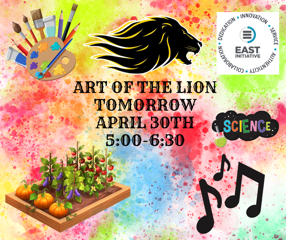 Multicolored splattered pain background with reds, yellows, blues, and greens. Musical notes, a vegetable garden with pumpkins, tomatoes, and eggplants. science text with a green beaker, EAST imitative logo, art supplies including paint, and paint brushes.