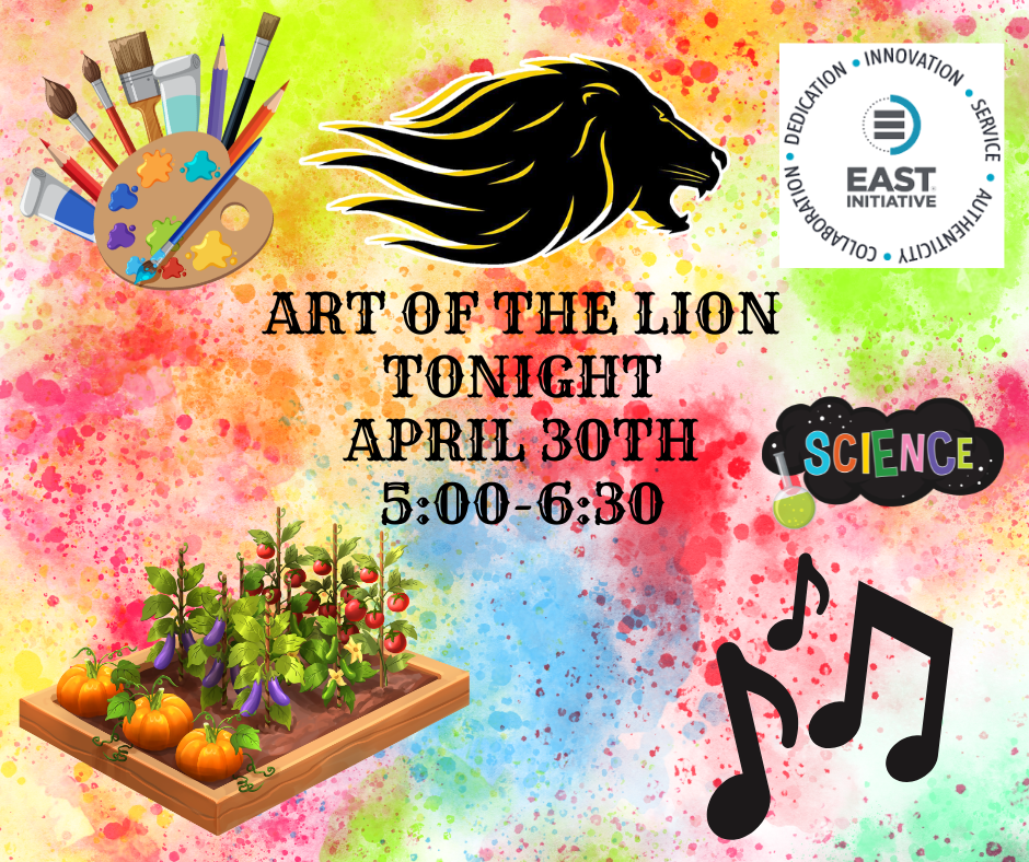 Multicolored splattered paint background with reds, yellows, blues, and greens. Musical notes, a vegetable garden with pumpkins, tomatoes, and eggplants. science text with a green beaker, EAST imitative logo, art supplies including paint, and paint brushes.