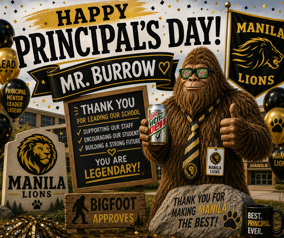 Black and gold glitter sky, school building in the back, a life size bigfoot holding a soda can and wearing a black and gold tie, and badge lanyard. black and gold balloons, mug, and rock in foreground. A sign and chalkboard with lettering wish the principal a happy day.
