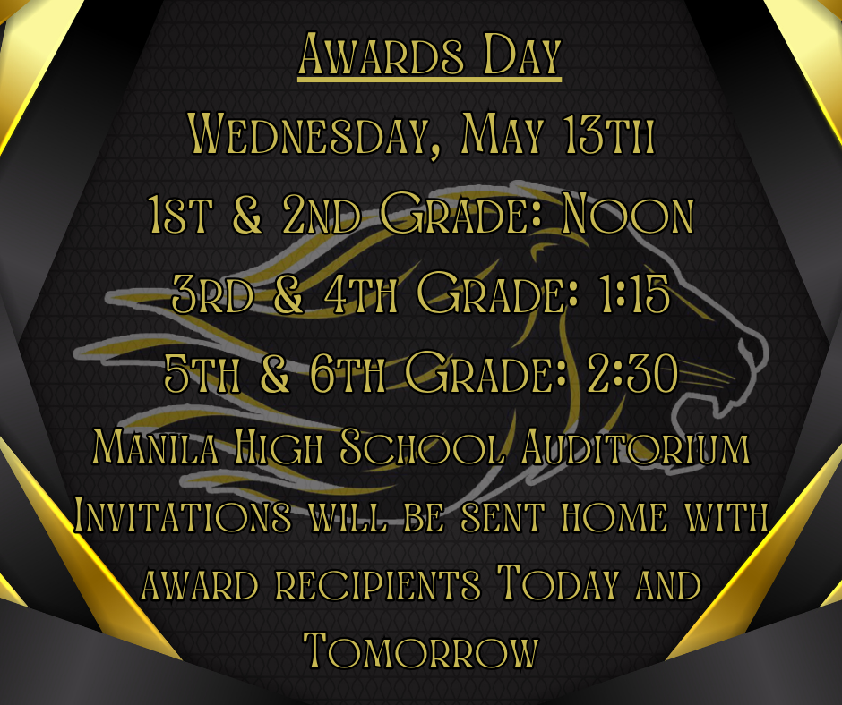 Black background with lion head in the middle, sleek black and gold border around. Information about awards day in gold and black text.