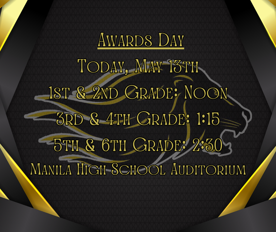 Black background with lion head in the middle, sleek black and gold border around. Information about awards day in gold and black text.