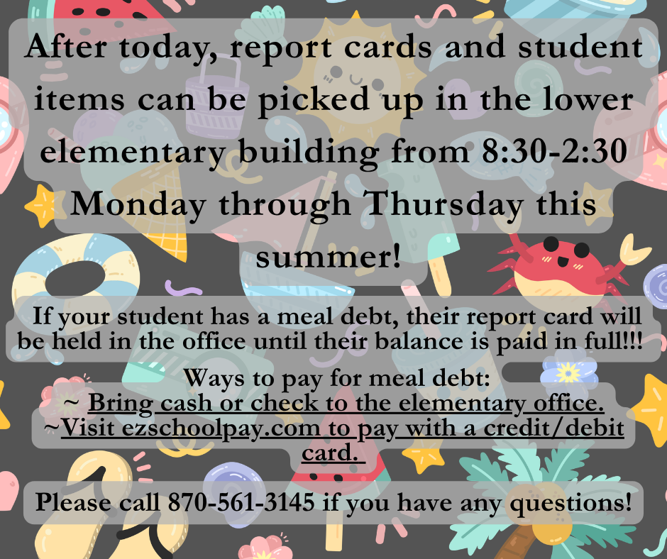 Grey background with various summer and beach items such as crabs, palm trees, flip flops, sun, watermelon, ice cream, drinks, pool floaties, and sea shells. Text explaining report card pickup days. 