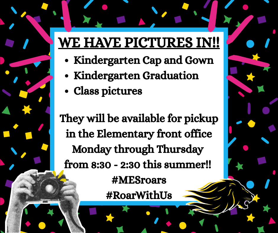 Black background with purple, blue, yellow, green , and pink shapes. Lion head mascot in bottom right corner, image of hands holding a flasing camera on the  bottom left, white text box  explaining that pictures arrived at the school. 