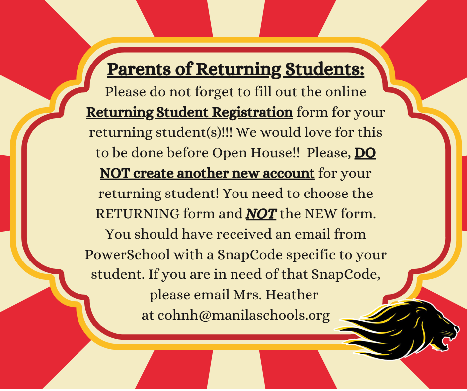 Red and Cream striped Circus theme background with center text box. Lion head mascot in lower right hand corner. Black text in center explaining details of returning student registration. 