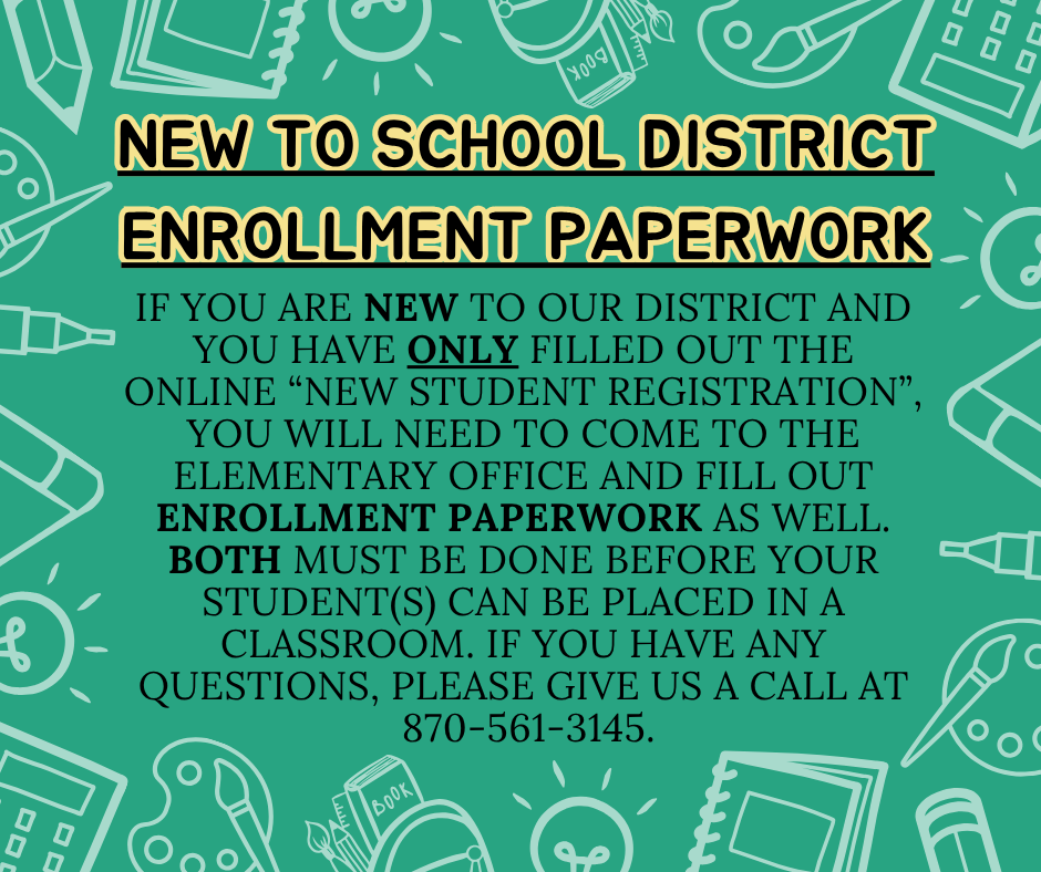 Green background, various school supplies in white chalk in a surrounding border. Black and yellow text in center explaining need for additional step in registration process. 