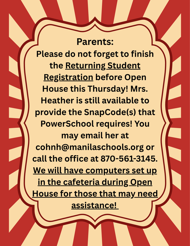 Red and tan starburst background with tan text box. Wording giving information about school registration. 