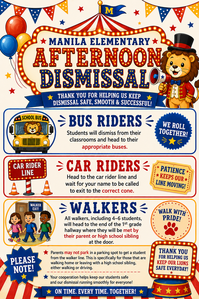 Circus Background with lion ring master, school bus, kids walking down hallway, with lots of information about afternoon dismissal. 