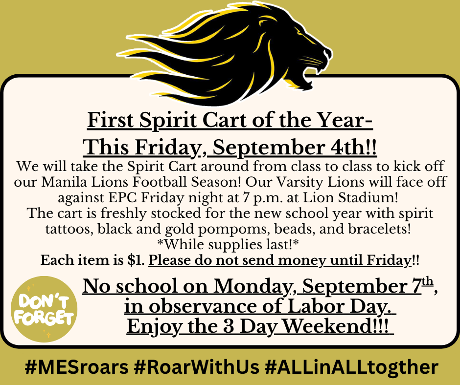 Gold background with Lion Mascot at top center. Text box explaining spirit cart and labor day holiday. 