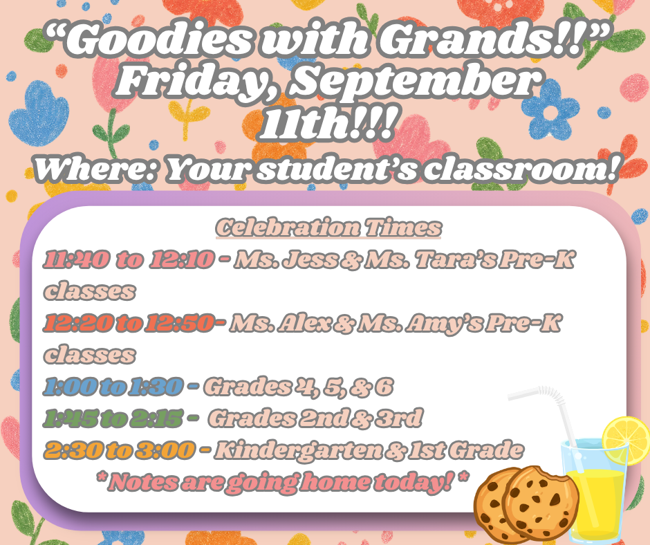 Pink flowery background, white text box in lower center with celebration times, glass of lemonade with straw and lemon slice in bottom right with 2 chocolate chip cookies beside it. 
