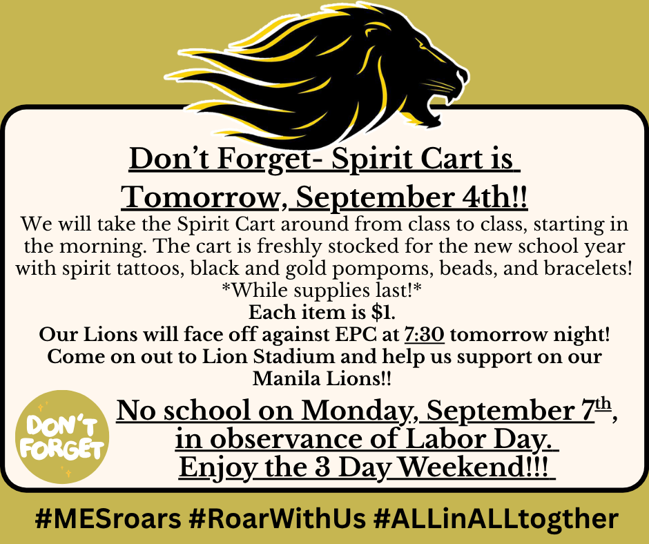 Gold background with Lion Mascot at top center. Text box explaining spirit cart and labor day holiday. 