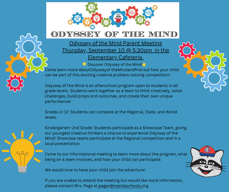 Blue background. Black text explaining Odyssey of the Mind. Multicolored gears on both sides of text with "idea' lightbulb and OM mascot on either side as well. 