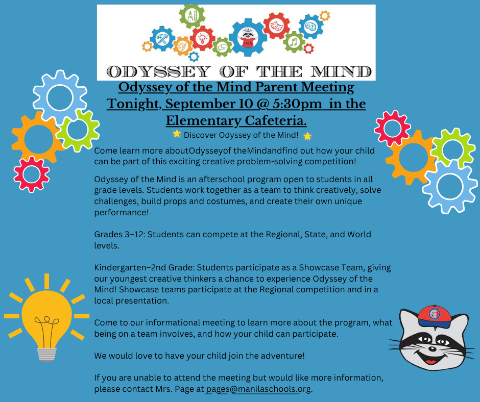 Blue background. Black text explaining Odyssey of the Mind. Multicolored gears on both sides of text with "idea' lightbulb and OM mascot on either side as well. 