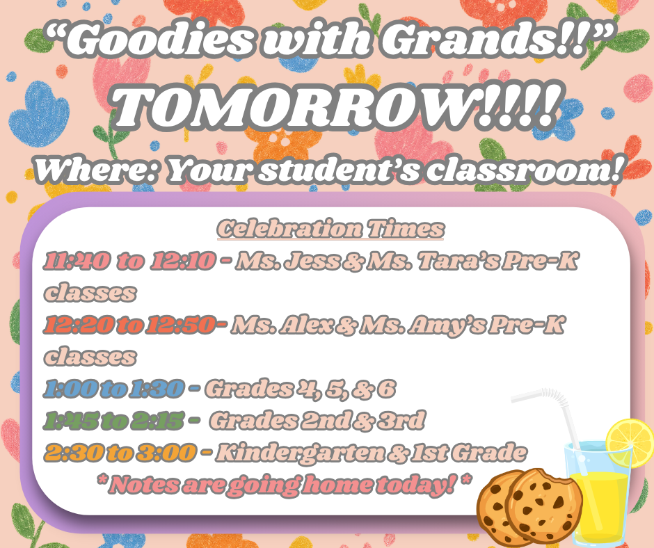 Pink flowery background, white text box in lower center with celebration times, glass of lemonade with straw and lemon slice in bottom right with 2 chocolate chip cookies beside it. 