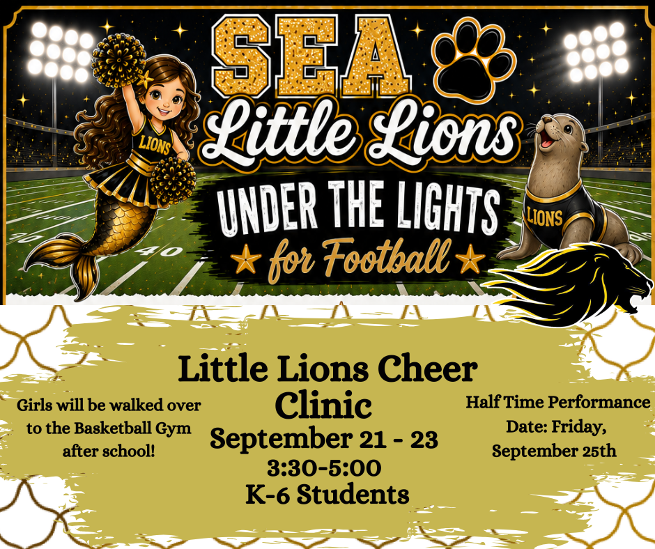 Gold Mermaid scales for background, black and gold mermaid in lions jersey and a seal in a Lions jersey sitting underneath football stadium lights. Informative text explaining upcoming cheer clinic.