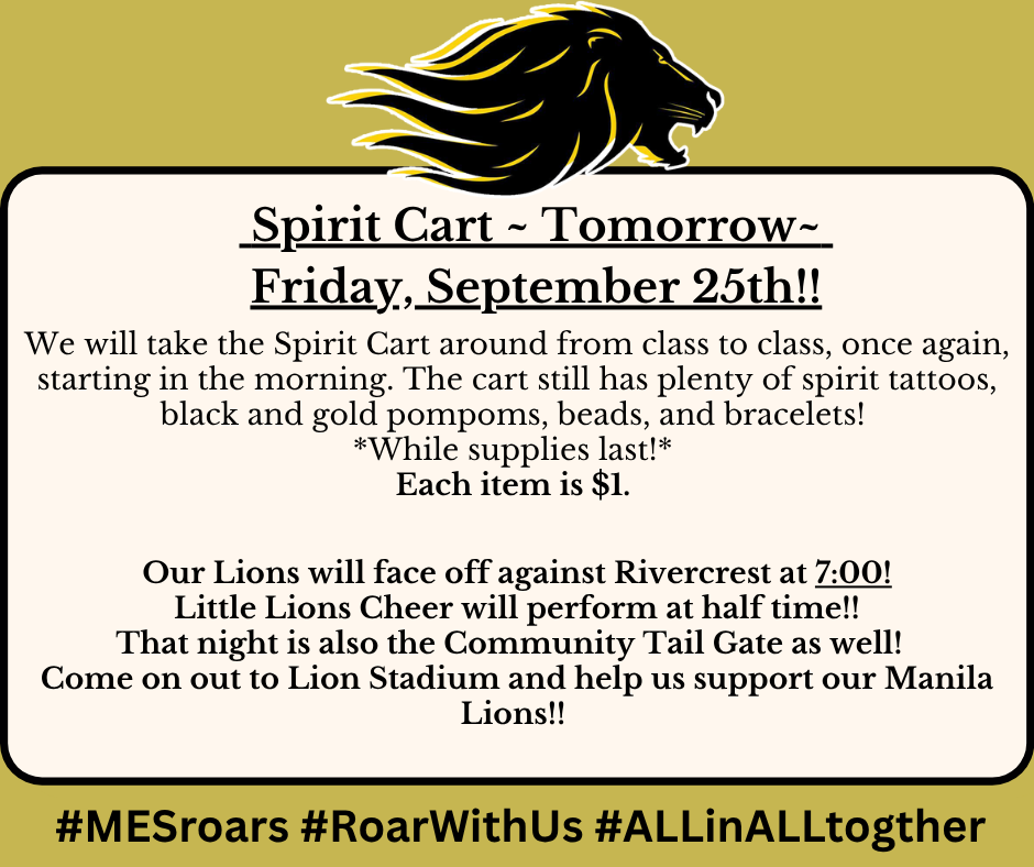 Gold background with Lion Mascot at top center. Text box explaining spirit cart. 