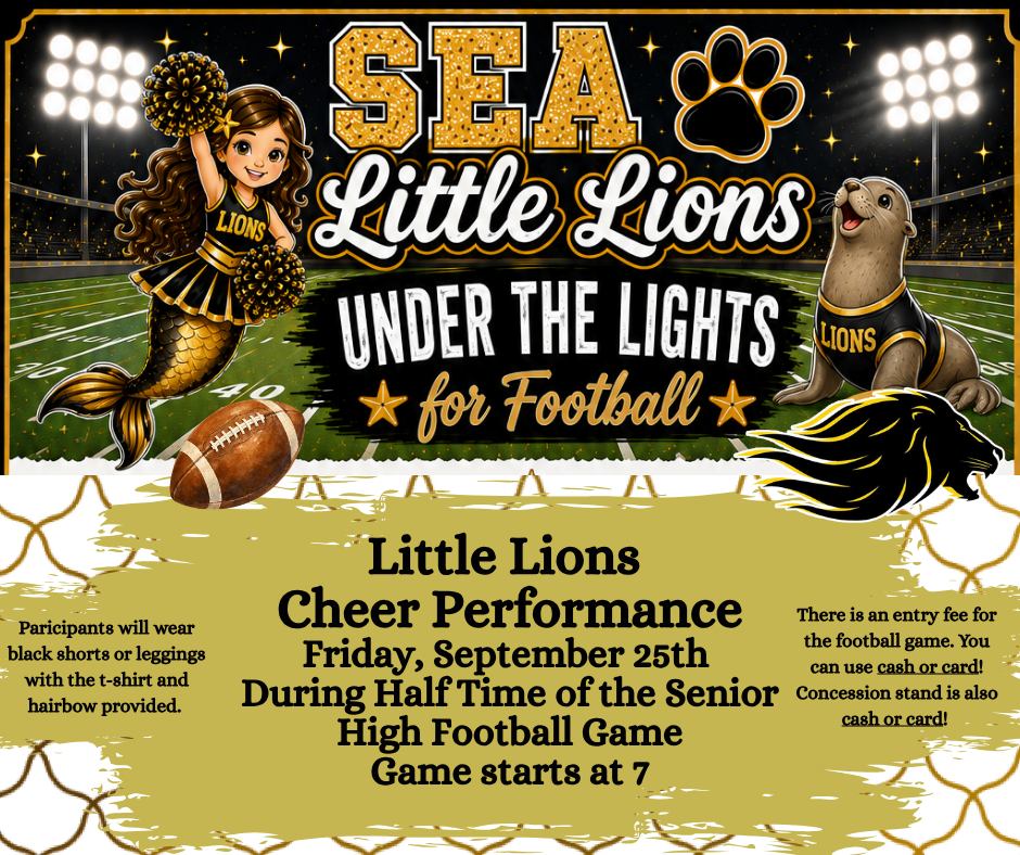 Gold Mermaid scales for background, black and gold mermaid in lions jersey and a seal in a Lions jersey sitting underneath football stadium lights. Informative text explaining upcoming cheer clinic.