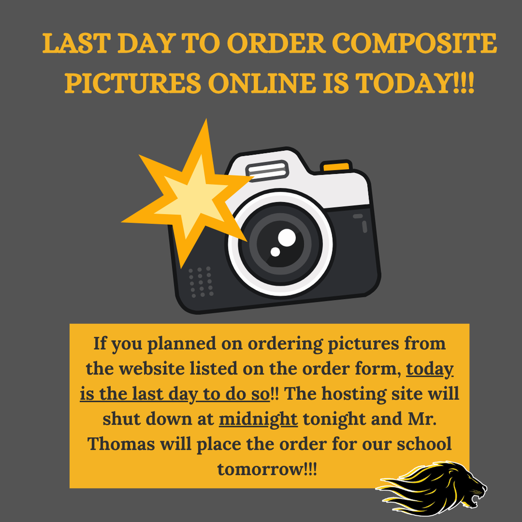 Grey background with black and white camera with multi yellow colored flash. Lions head mascot in lower right corner. Text explaining school picture day announcement. 