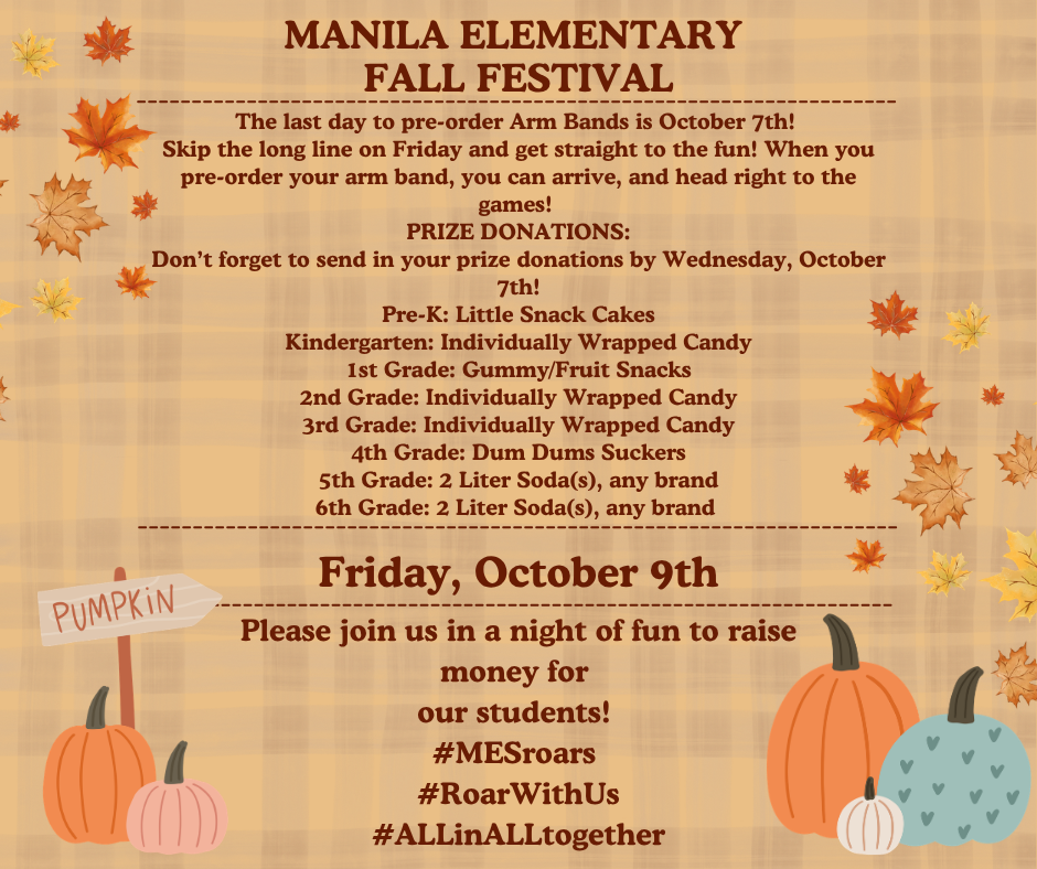 Brown and tan plaid background, multiple pumpkins on bottom left and right corner, fall leaves on left and right of text. Text explaining arm bands and prize donations. 