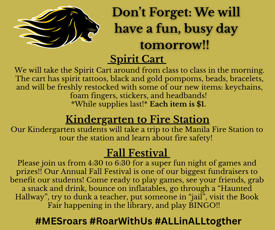 Gold background with Lion Mascot at top left. Text explaining spirit cart and, fire station visit, and fall festival. 