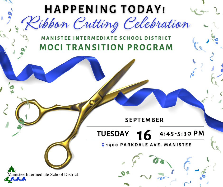 Graphic with ribbon cutting and details about the event