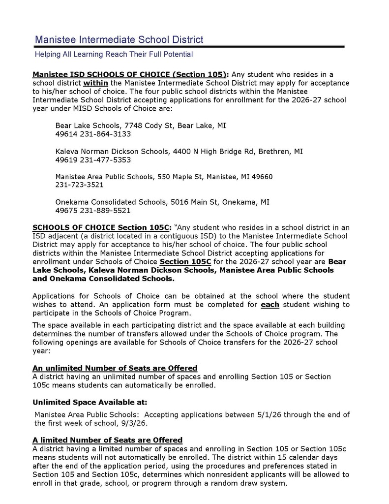 Manistee County Schools - School of Choice Posting for 26/27