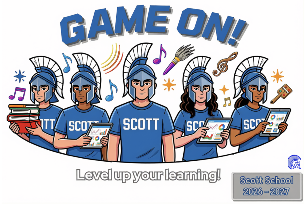 Scott School 2026–2027 graphic reading "GAME ON! Level up your learning!" featuring student Spartan mascots with school tools.