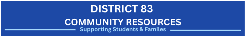 Text banner reading "DISTRICT 83 COMMUNITY RESOURCES: Supporting Students & Families" on a royal blue background with light blue decorative lines.