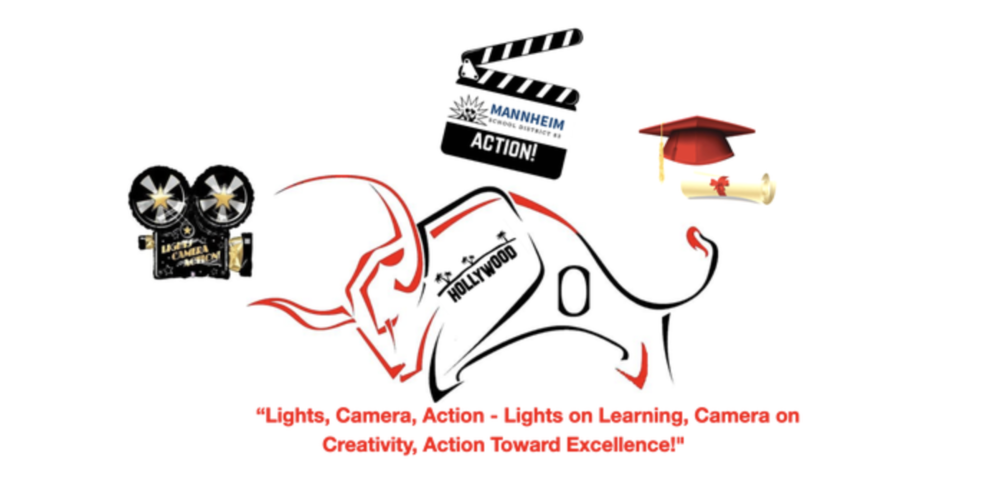 A detailed graphic illustration with a Hollywood and graduation theme, centered around a stylized bull logo. Central Graphic: A minimalist line-art drawing of a bull facing left, outlined in black and red. Inside the body of the bull, the word "HOLLYWOOD" is written diagonally alongside graphic palm trees, mimicking the Hollywood sign style. Top Center: A black-and-white movie clapperboard. The middle section features a logo for "MANNHEIM SCHOOL DISTRICT 83," and the bottom section of the clapperboard reads "ACTION!" in bold white text. Left Side: A vintage-style film camera icon with stars on the reels and the words "LIGHTS, CAMERA, ACTION" on its side. Right Side: A red graduation cap (mortarboard) with a gold tassel, floating just above a rolled-up diploma tied with a red ribbon. Bottom Text: A quote in bold red font reads: “Lights, Camera, Action - Lights on Learning, Camera on Creativity, Action Toward Excellence!”