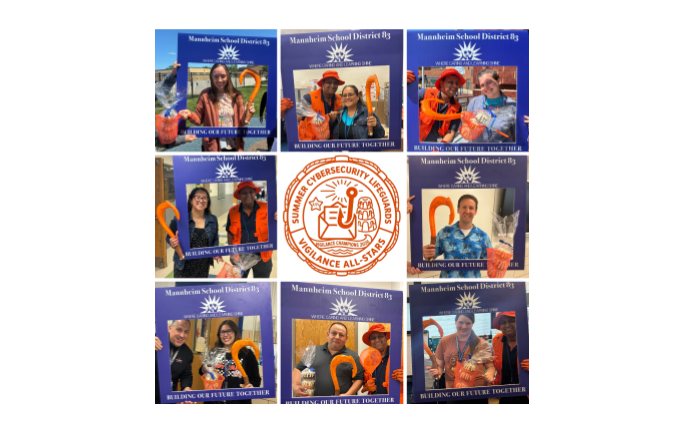 A 3x3 photo collage from Mannheim School District 83 celebrating "Summer Cybersecurity Lifeguards." The center graphic is a round orange seal that reads "Summer Cybersecurity Lifeguards, Vigilance All-Stars, Vigilance Champions 2026," featuring a fishhook and an envelope icon. Surrounding the seal are eight photos of smiling staff members posing with a large blue "Mannheim School District 83" frame, holding summer-themed props like orange lifeguard hooks, pails, and gift baskets.
