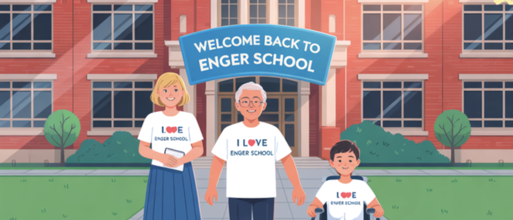 Graphic welcoming students back to Enger School featuring illustrated staff and a student in a wheelchair.
