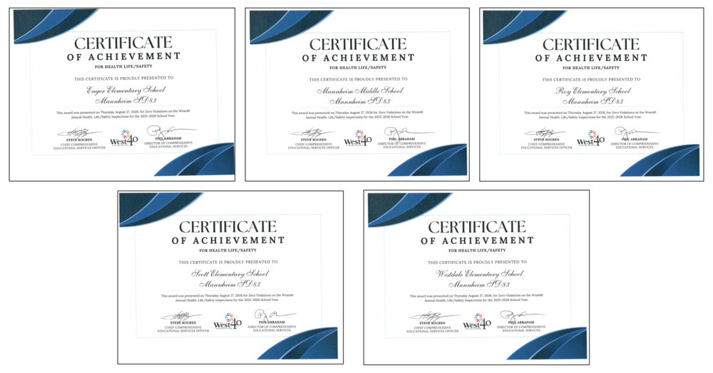 Five West40 Certificate of Achievement awards for Health Life/Safety presented to Enger Elementary School, Mannheim Middle School, Roy Elementary School, Scott Elementary School, and Westdale Elementary School in Mannheim SD83 for zero violations on the 2025–2026 Annual Health, Life/Safety Inspections on August 27, 2026.