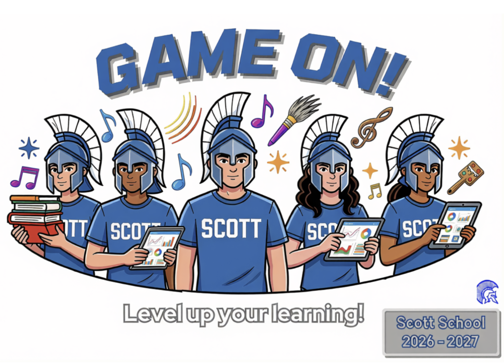 Top Header: Bold, blue, 3D-effect text reading "GAME ON!" arched over the main illustration.   Main Illustration: Five diverse characters standing side by side wearing blue Trojan/Spartan warrior helmets and matching blue t-shirts with "SCOTT" printed across the chest:   Far Left: A light-skinned student holding a tall stack of colorful books.   Second Left: A darker-skinned student holding a digital tablet displaying graphs and pie charts.   Center: A student looking forward wearing a helmet with a distinct dark plume or crest.   Second Right: A female student with wavy hair holding a tablet displaying colorful data visualizations.   Far Right: A dark-skinned female student holding an open tablet showing educational apps.   Background Elements: Decorative learning icons floating around the characters including musical notes, a paintbrush with purple paint, sound waves, stars, and spark icons.   Bottom Text & Logos:"Level up your learning!" written in large white outline letters at the lower center.   A blue and white Spartan head mascot logo at the bottom right.   A grey rectangular plaque in the bottom right corner containing the text "Scott School 2026–2027".   