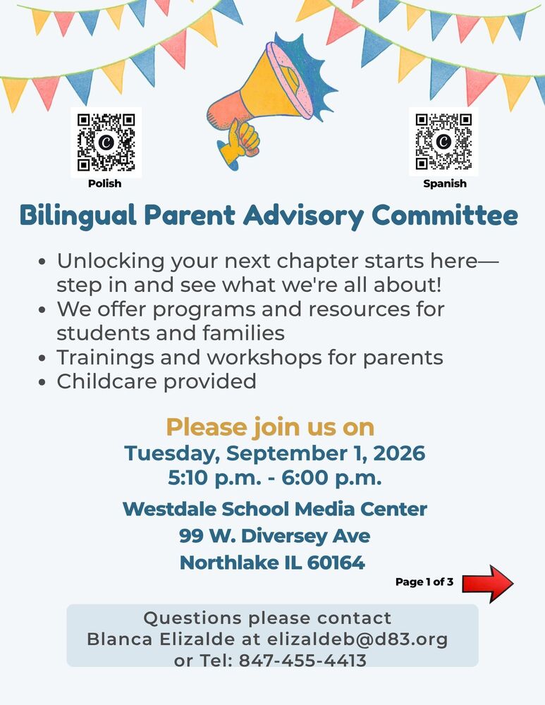 Promotional flyer for the Bilingual Parent Advisory Committee meeting on September 1, 2026. Features Polish and Spanish QR codes, with complete event and contact details provided in the main text below.