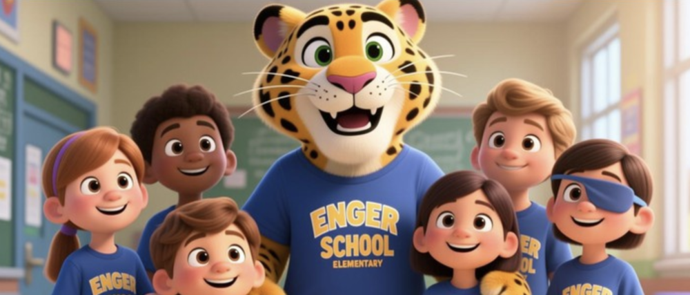 A cartoon leopard mascot in a blue t-shirt standing with six smiling children in a classroom.