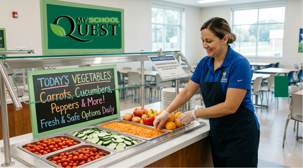 A school cafeteria worker in a blue shirt and apron arranging shredded carrots at a fresh vegetable bar with tomatoes, cucumbers, and fruit. A sign reads, 'TODAY'S VEGETABLES: Carrots, Cucumbers, Peppers & More! Fresh & Safe Options Daily' under a 'My School Quest' logo.