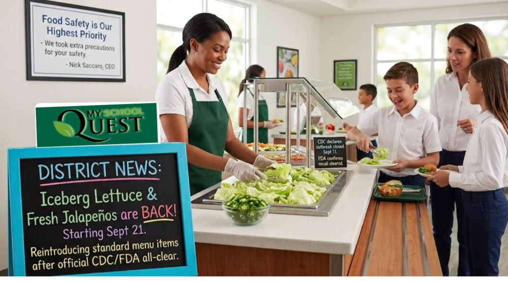 School cafeteria worker serving fresh iceberg lettuce and sliced jalapeños at a salad bar to students. In the foreground, a framed chalkboard sign reads: "DISTRICT NEWS: Iceberg Lettuce & Fresh Jalapeños are BACK! Starting Sept 21. Reintroducing standard menu items after official CDC/FDA all-clear." A framed sign on the wall reads: "Food Safety is Our Highest Priority - We took extra precautions for your safety. - Nick Saccaro, CEO."
