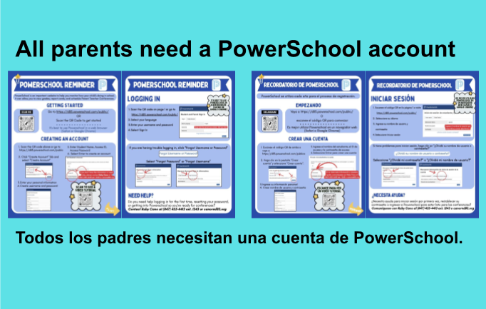 An informational graphic titled "All parents need a PowerSchool account," presented in both English and Spanish. The image displays four instructional panels detailing how to use the PowerSchool platform: Getting Started/Creating an Account: Provides a URL and QR codes for access, along with steps to create a new account using a student's Name, Access ID, and Access Password. Logging In: Outlines the process for signing in and offers troubleshooting steps for forgotten usernames or passwords. Help Resources: Includes a QR code for a video tutorial and contact information for Ruby Cano via phone at (847) 455-4413 ext. 1243 or email at canor@d83.org.