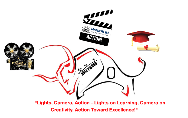 A graphic illustration featuring the Roy School bull mascot styled with a Hollywood movie theme. The color theme is black and red with mostly a white background. The silhouette of the bull has its profile with "Hollywood" written on its side and is surrounded by festive elements, including a movie camera, a red graduation cap with a diploma, and a clapperboard reading "Mannheim School District 83 Action!" Red text at the bottom displays the inspiring slogan: "Lights, Camera, Action - Lights On Learning, Camera on Creativity, Action Toward Excellence!"