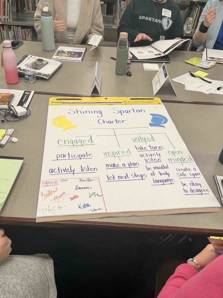 A hand-written "Shining Spartan Charter" poster sits on a table during a staff collaboration session. The poster outlines group values such as "engaged," "inspired," "valued," and "open-minded," with specific action items like "actively listen," "make a plan," and "be okay to disagree." Several signatures from staff members are visible in a box at the bottom left, while team members work with notebooks and name tags around the table in the background.