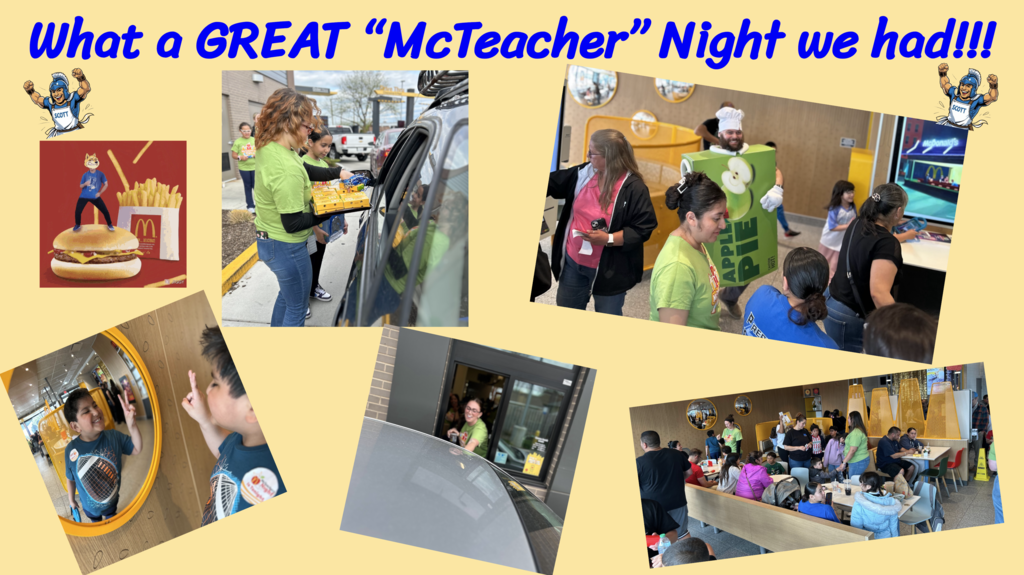 A vibrant yellow collage celebrating a school event with the blue text "What a GREAT 'McTeacher' Night we had!!!" across the top. The collage features five photos showing teachers in bright green shirts volunteering at a McDonald's. Scenes include teachers handing food to cars in the drive-thru, a staff member dressed in a giant Apple Pie costume interacting with families inside, a young student happily posing in a circular mirror, a teacher smiling from the drive-thru window, and a wide view of families dining together in the busy restaurant. The top corners also feature small graphics of a Spartan mascot wearing an apron that says "Scott."