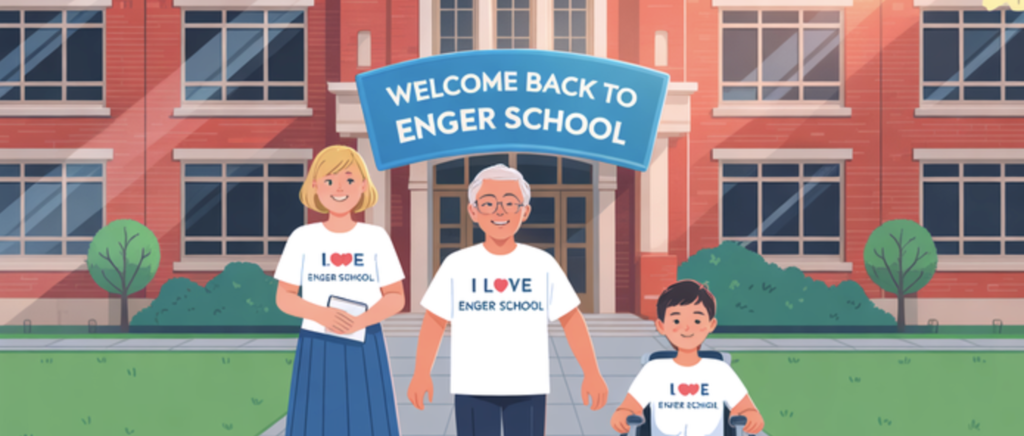 Graphic welcoming students back to Enger School featuring illustrated staff and a student in a wheelchair.