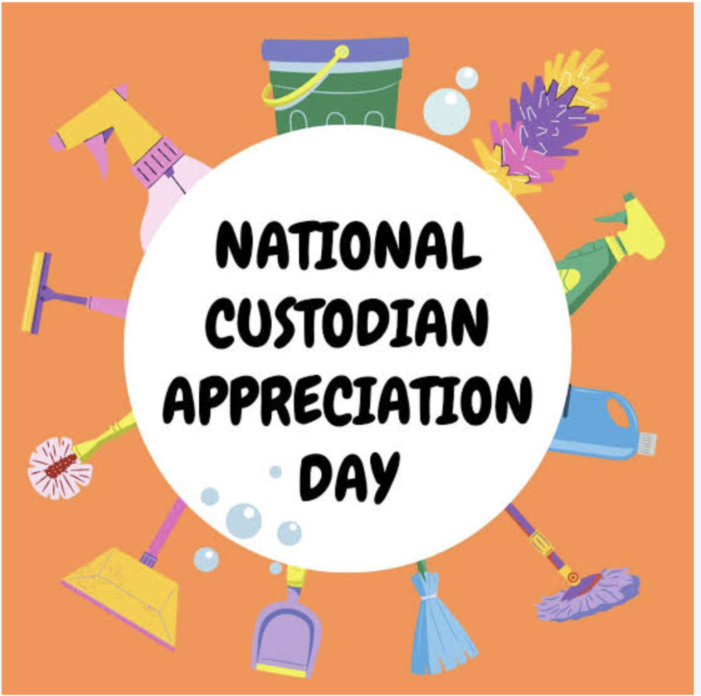 "NATIONAL CUSTODIAN APPRECIATION DAY" text inside a central white circle surrounded by colorful cleaning supplies—including a bucket, spray bottles, mop, broom, dustpan, squeegee, and duster—on an orange background.