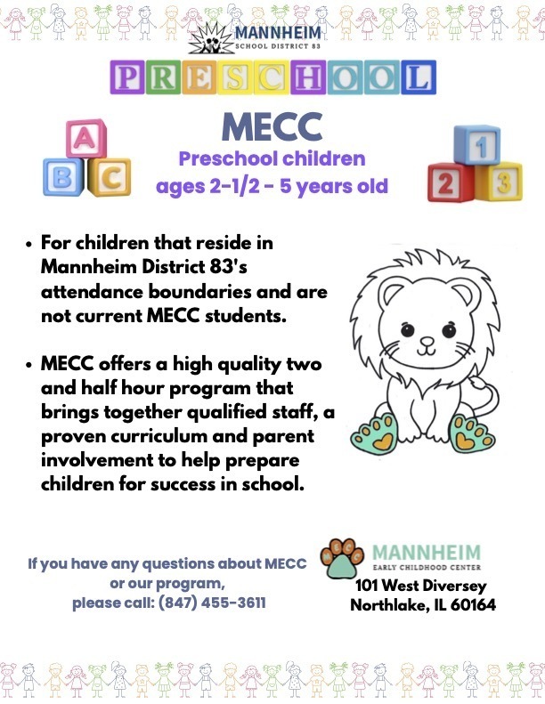 Informational flyer for the Mannheim School District 83 Mannheim Early Childhood Center (MECC) preschool program for children ages 2 and a half to 5 years old. Full eligibility and contact details are provided in the main text of this page.