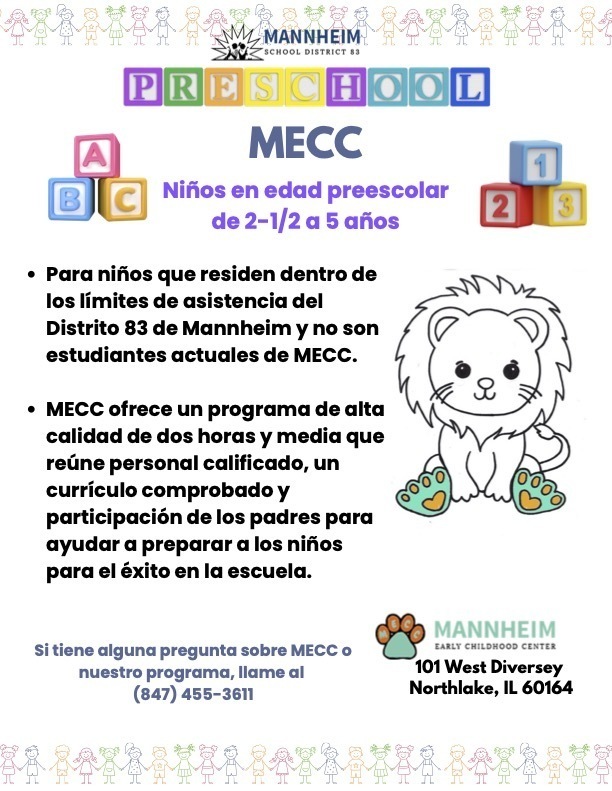 Folleto informativo sobre la inscripción de preescolar en MECC de la Escuela Distrito 83 de Mannheim. Los detalles completos se encuentran en el texto de la página.